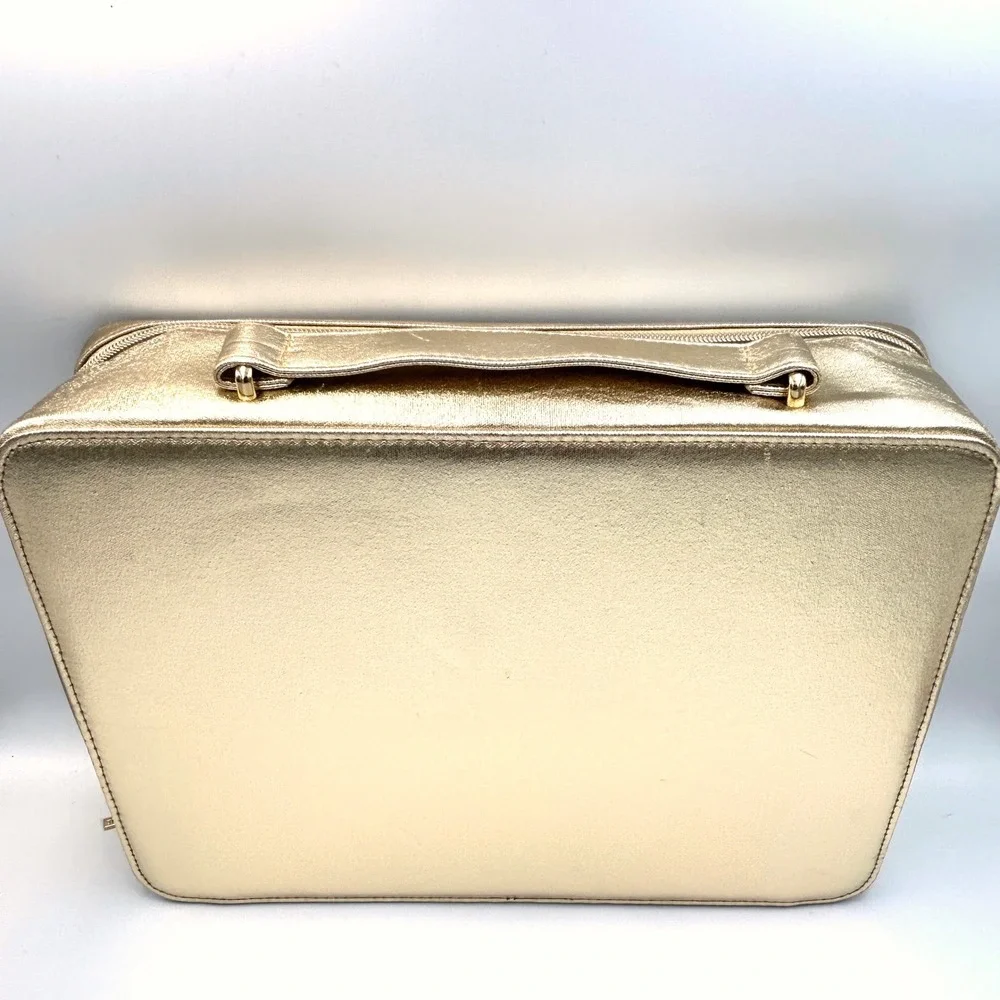 Lancome Makeup Train Case Travel Bag Gold Metallic Rose Vanity Decor Large NEW
